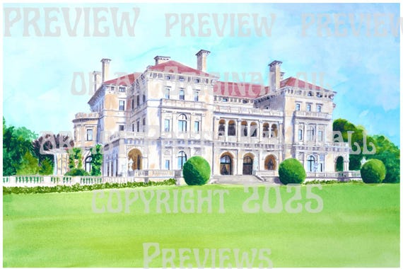 The Breakers Mansion Newport RI hand signed frameable print of an original watercolor