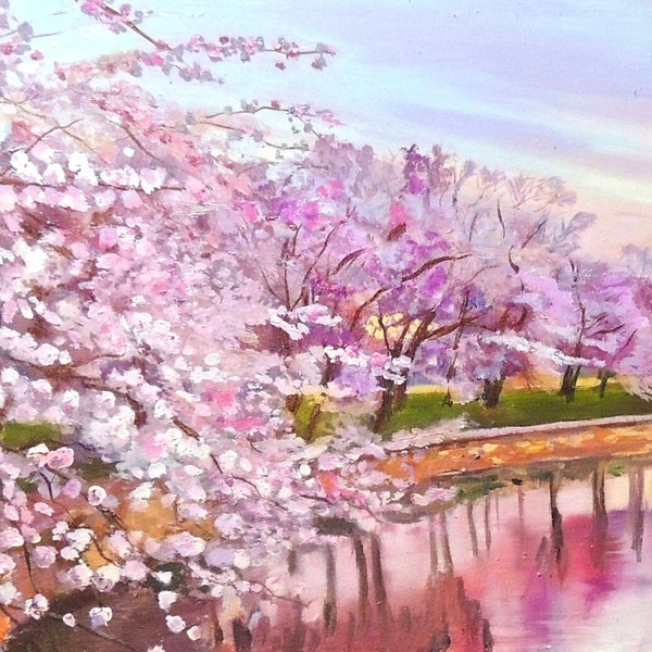 Washington DC Cherry Blossoms along the Tidal Basin hand signed print of original oil painting