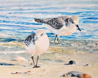 Twee Sanderlings on the Beach-print is met de hand ondertekend en inlijstbaar