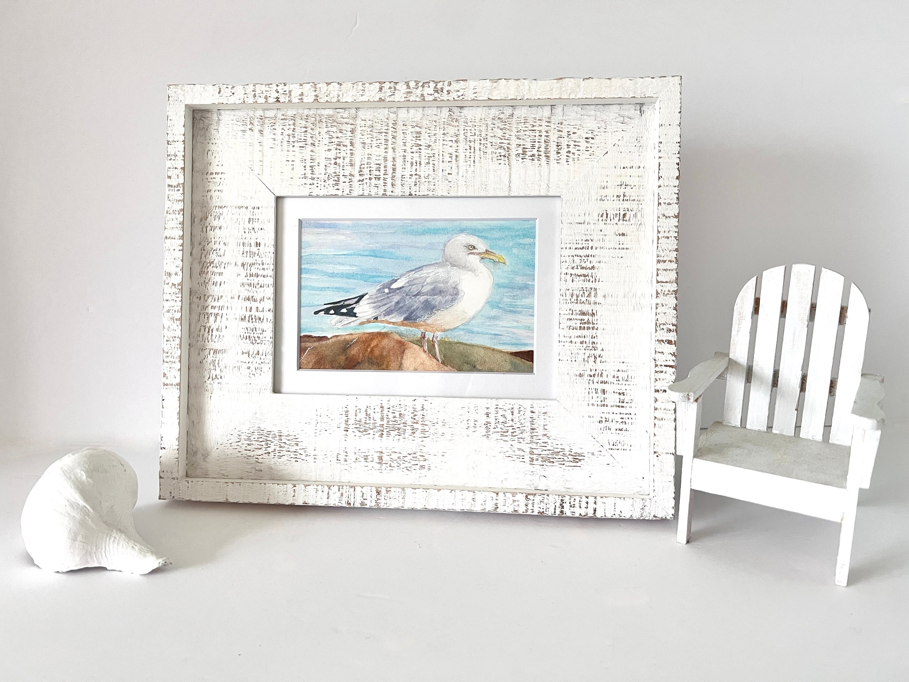 Framed Seagull Watercolor Painting: Coastal Miniature Art, 5x7 Original