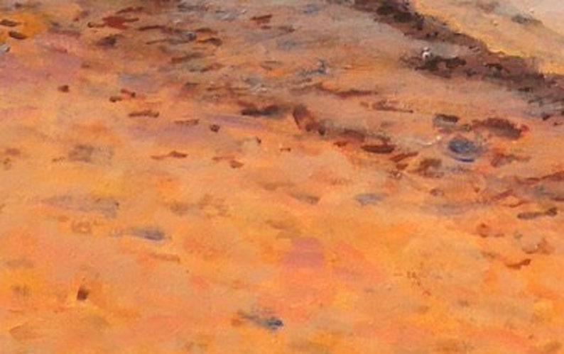 Detail closeup of the sand with oranges and seaweed at the edge.