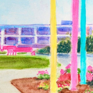 May include: A watercolor painting of a motel with pink and blue poles in front. The motel has a pink and blue sign that says "White Star Motel".