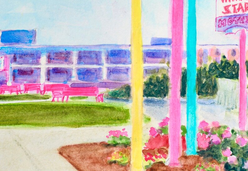 May include: A watercolor painting of a motel with pink and blue poles in front. The motel has a pink and blue sign that says "White Star Motel".