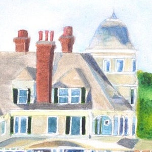 Roof line of the Castle Hill Inn in Newport RI along the right side of the painting featuring the turret, gables and three chimneys.