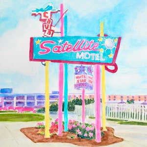 1950's hotel sign garden  with Satellite Motel, White Star Motel and Cavalier bright colors.