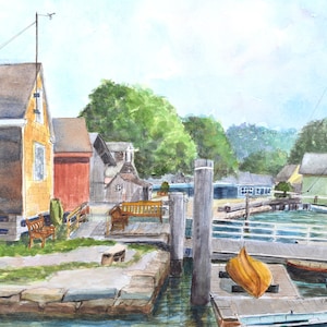 Mystic Seaport 12x16 Waterfront original framed watercolor plein air painting with the Boat Rental bldg, Thomas Oyster House & Lobster Shack