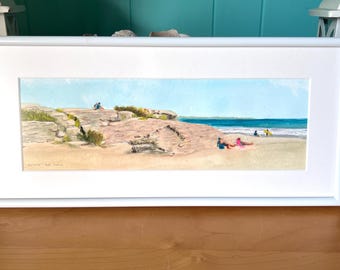Sachuest Beach original watercolor and gouache framed painting Second Beach Rock