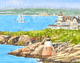 Newport Rhode Island signed Art Print: Castle Hill Inn & Lighthouse Watercolor