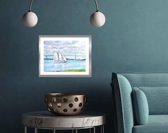 Newport Bridge Schooner Adirondack signed art Print - Rose Island Lighthouse Watercolor Art