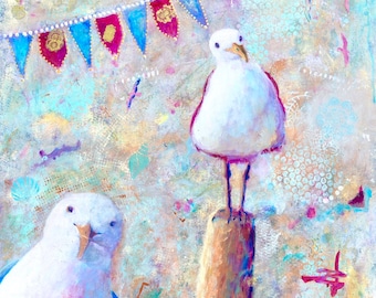 Funny Seagull hand signed frameable art of playful, whimsical seagulls