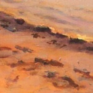 detail of water's edge with sunset reflections in gold