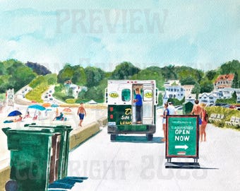 Newport RI First Beach print of an original watercolor Easton's Beach with Del's Lemonade Truck