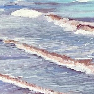 Detail of a painting of water with maroon seawood in the waves and light blue greens in the distance with buildings on the far shore