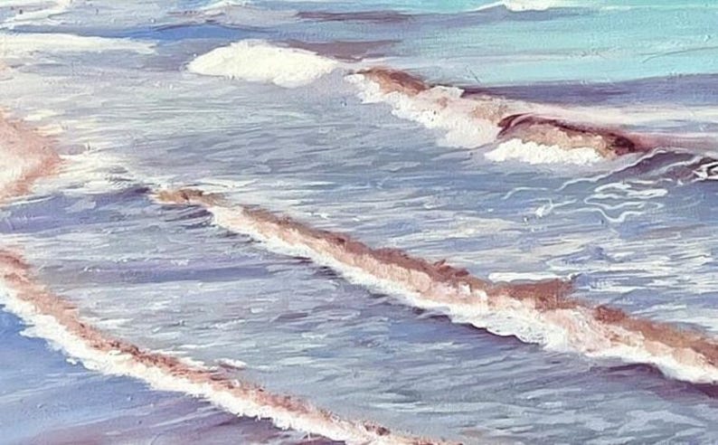 Detail of a painting of water with maroon seawood in the waves and light blue greens in the distance with buildings on the far shore