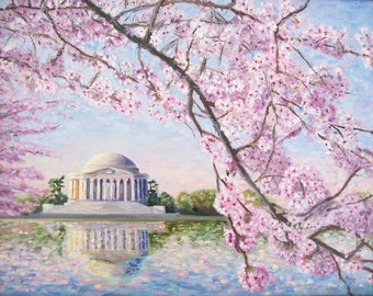 Washington DC art print, Cherry Blossoms DC, cherry blossom Print, Washington DC Cherry Blossoms print, Jefferson Memorial Cherry Blossoms