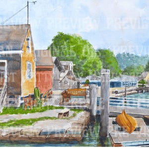 Mystic Seaport Waterfront original 12 x 16 plein air watercolor framed painting featuring Thomas Oyster House