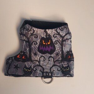 Puede incluir: Un arnés para mascotas con temática de Halloween con un fondo gris que presenta un patrón repetido de árboles negros, telarañas y calabazas. El arnés tiene un ribete negro y una anilla en D de metal para sujetar la correa. Las calabazas tienen ojos naranjas y bocas moradas.