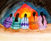 Women Gathering Painting Original Watercolor Print Fire Native American Women Wise Women Desert Braids Southwest Art