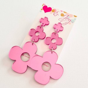 Summer Flower Pink Mirror Earrings, Acrylic Earrings, Statement Earrings