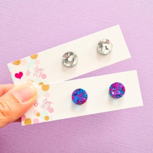 Purple Fiesta Glitter or Chunky Silver Glitter Mini Round Stud Acrylic Earrings, Statement Earrings
