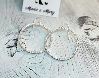 Drop hoop earrings, hand forged & textured, sterling silver