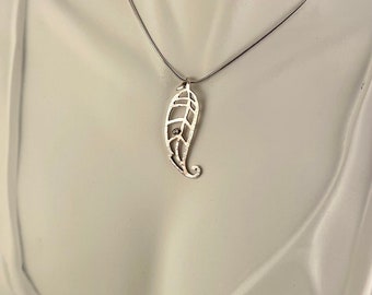 Pierced leaf with cubic zirconia, Handsawn in Sterling Silver