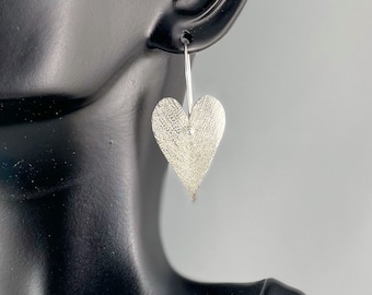 Handsawn Frosted Heart Earrings, sterling silver or copper w/Sterling ear wires.