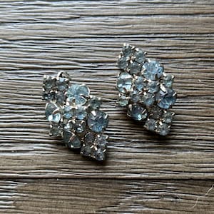 Light Blue Rhinestone Clip On Earrings Vintage Jewelry colorful & sparkly accessories estate finds costume pieces