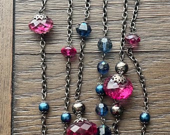 30” Beaded Necklace with blue & purple beads long chain style jewelry