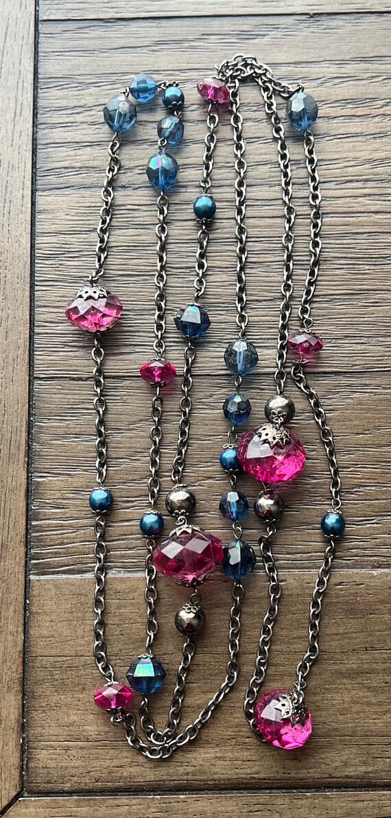 30” Beaded Necklace with blue & purple beads long chain style jewelry