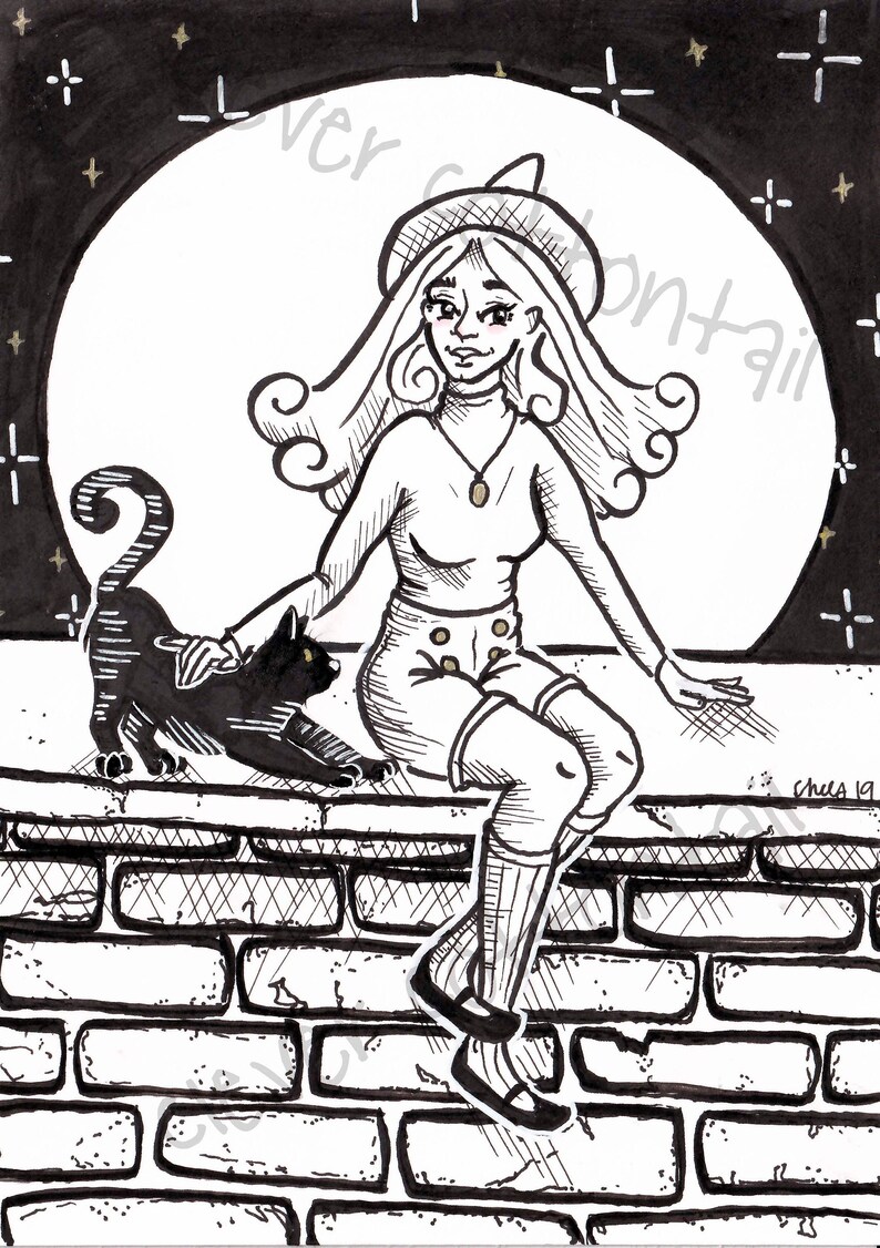 Cute Witch Girl Illustration Black Cat Art Black and White Art Witchy Aesthetic Cute Spooky Art Fantasy Illustration ART PRINT