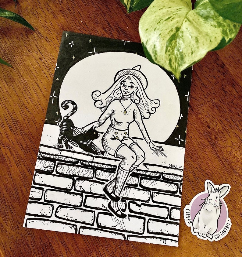 Cute Witch Girl Illustration Black Cat Art Black and White Art Witchy Aesthetic Cute Spooky Art Fantasy Illustration ART PRINT