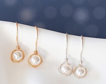 Small gold pearl earrings Sterling silver dainty dangle earring Tiny drop 14k gold filled