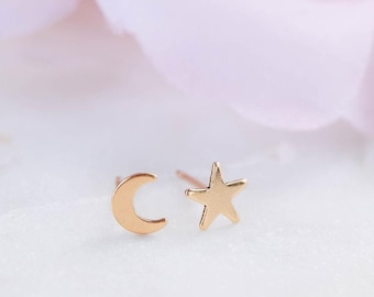 Gold star & moon studs: Celestial crescent mini posts, Asymmetric earrings, Mix match, Hypoallergenic jewelry
