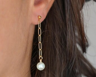Long chain earrings: Real pearls dangle earrings, Gold dainty drop earring, Wedding day jewelry