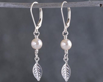 Sterling silver pearl drop earrings, Nature botanical leaf dangles, Dainty earrings, Lever backs, Handmade