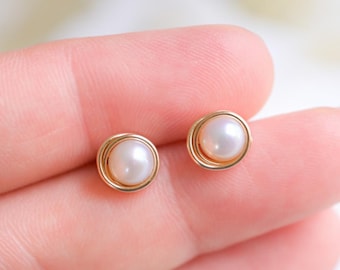 Gold pearl studs: Freshwater pearl earrings, Small sterling silver posts, Handmade jewelry, Bridesmaids gifts
