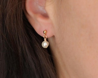 Small pearl post earrings Cute minimalist studs Sterling silver 14k yellow gold fill  Tiny white pearl dangle hypoallergenic gift for her