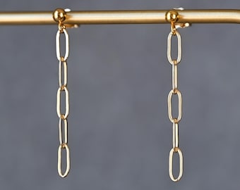 Gold long chain earrings: Large paperclip link dangles, 14k Gold filled studs, Minimalist jewelry