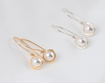 Gold pearl dangles: Lightweight gold earrings, Dainty sterling silver jewelry, Bridesmaids gift, Natural pearls