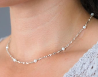 Freshwater pearl necklace: Sparkly sterling silver chain, Real pearls jewelry, Bridesmaids gifts, Custom length