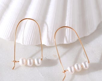 Real pearls 14k gold earrings: Freshwater pearl dangles, Geometric minimalist jewelry, Sensitive ears, Natural