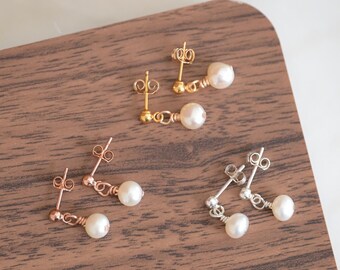Tiny pearl gold studs: Mini dangle earrings, Dainty sterling silver & gold posts