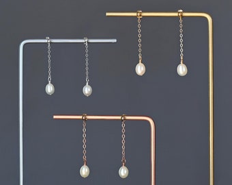 Gold chain pearl earrings for women: Freshwater pearl dangles, Dainty dangle drop, Minimalist jewelry