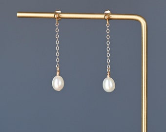 Long pearl dangles: Gold drop earrings, Sterling silver minimalist earrings, Gift for her birthday