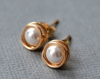 Gold pearl studs: Everyday earrings, Sterling silver & gold posts, Hypoallergenic jewelry gift, Bridesmaids favors,