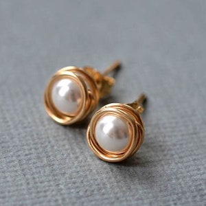 Gold pearl studs gold studs pearl studs bridesmaids earrings 14K gold filled studs Preciosa pearl earrings gift for her anniversary gift