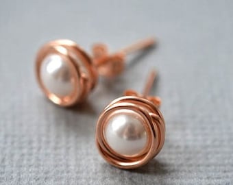 14K Rose gold pearl earrings for bridesmaids earrings favors bridesmaid gifts pink gold and pearl earrings wedding earrings bride pearls