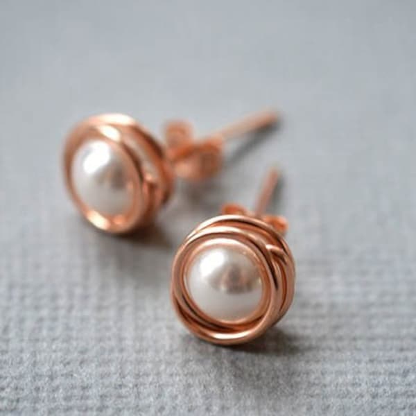 14K Rose gold pearl earrings for bridesmaids earrings favors bridesmaid gifts pink gold and pearl earrings wedding earrings bride pearls