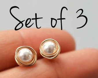 SET OF 3 Bridesmaids pearl studs 14k gold filled studs wedding favors three pairs
